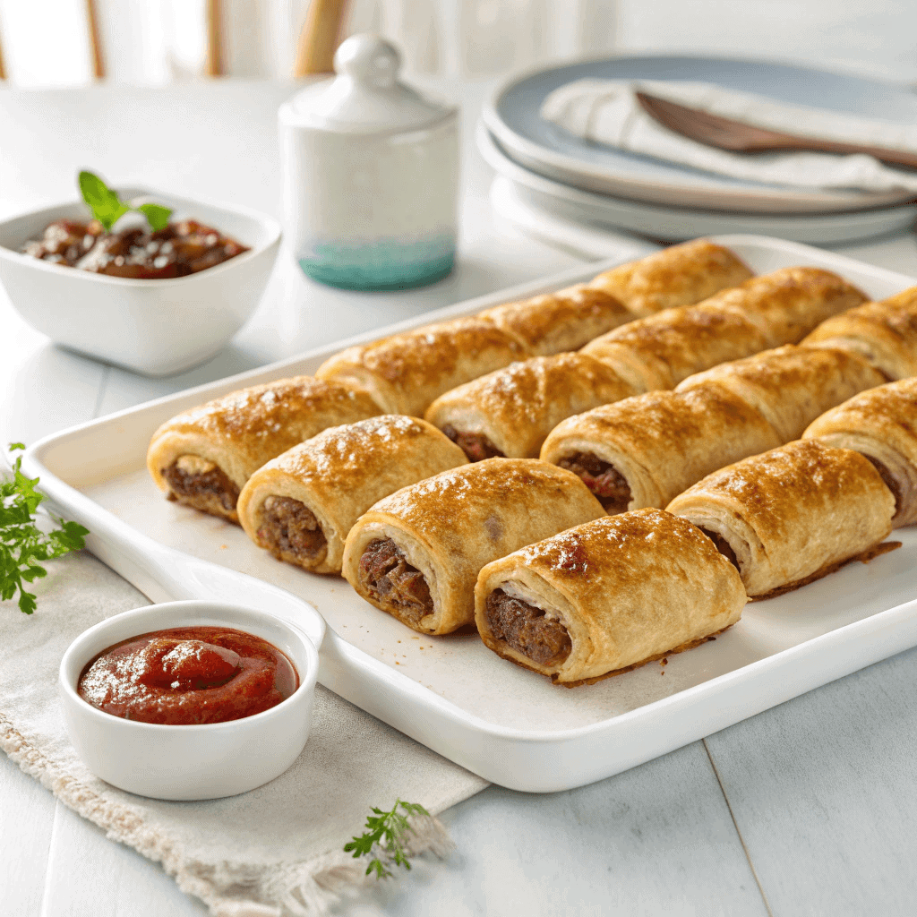 Platter of sausage rolls with dipping sauce.