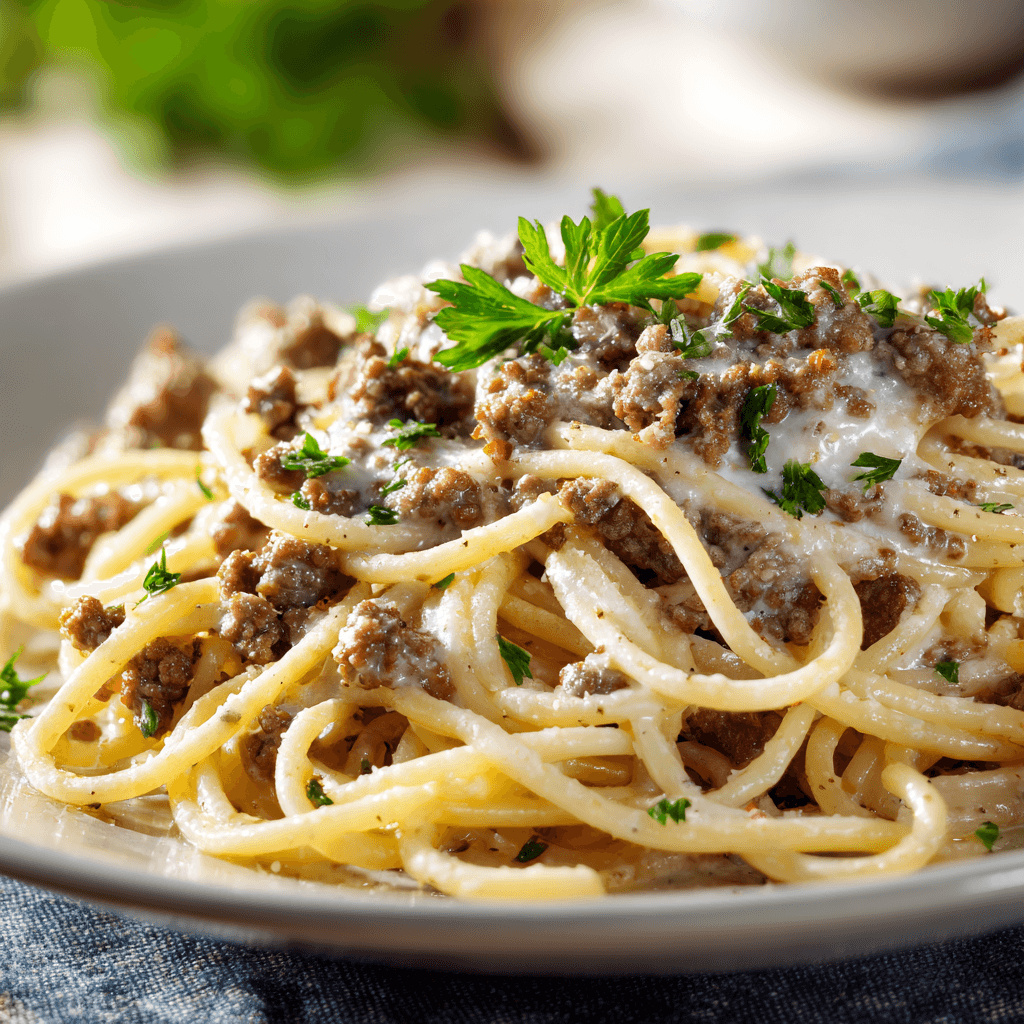 Garlic Parmesan Beef Pasta 4 Close-up plate of garlic parmesan beef pasta with spaghetti, seasoned beef, melted parmesan, and parsley.