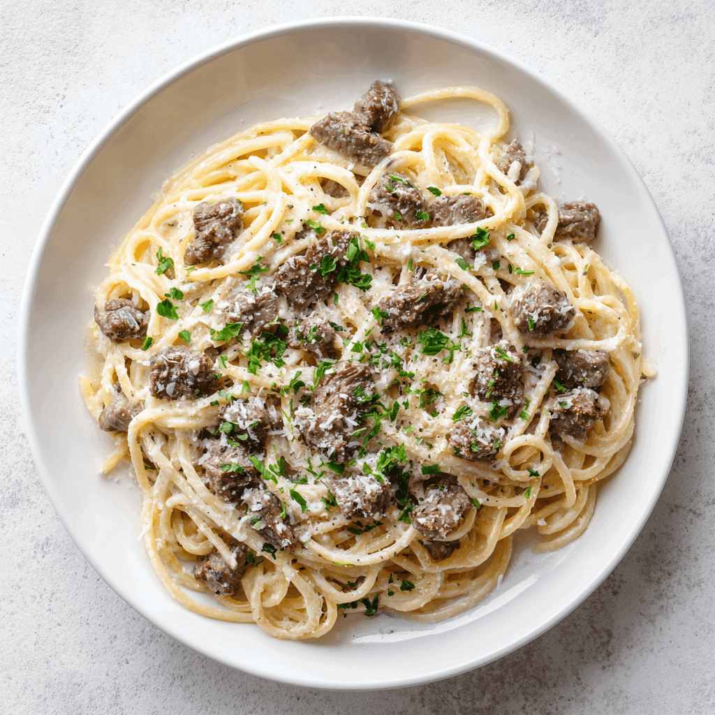 Garlic Parmesan Beef Pasta 2 Plated garlic parmesan beef pasta with creamy parmesan sauce and seasoned beef over spaghetti.