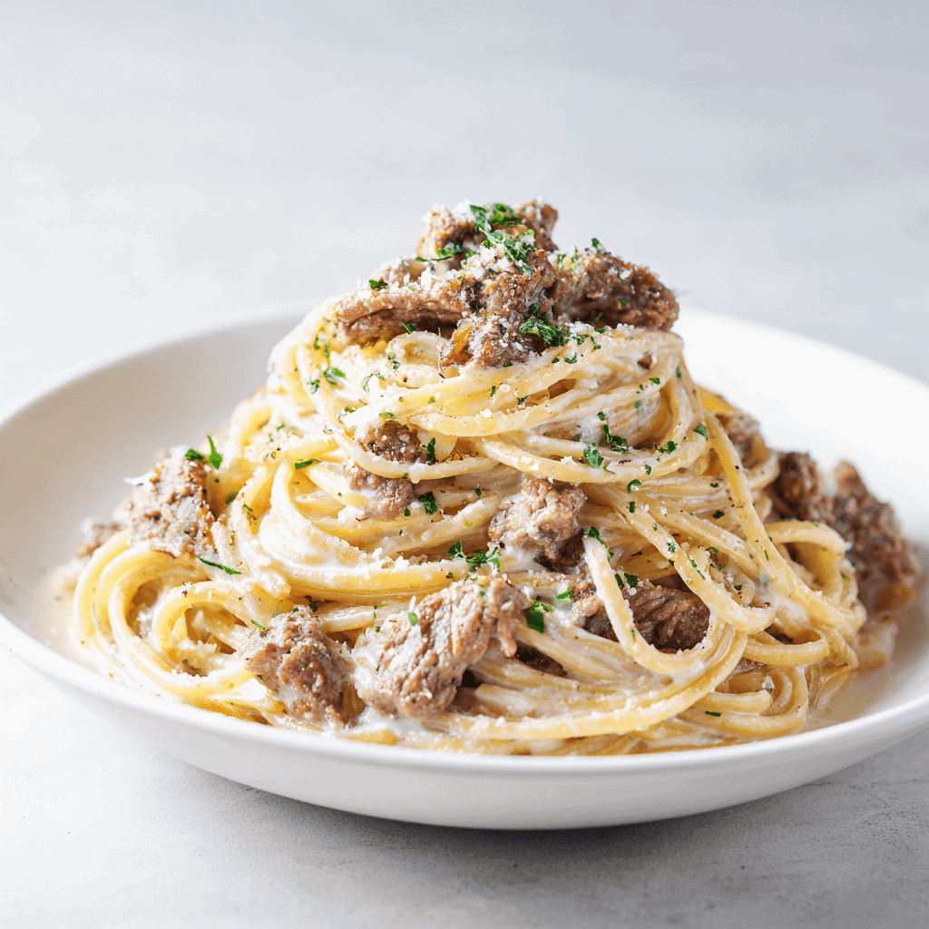 Garlic Parmesan Beef Pasta 3 Close-up of garlic parmesan beef pasta highlighting creamy sauce, browned beef, and parsley.