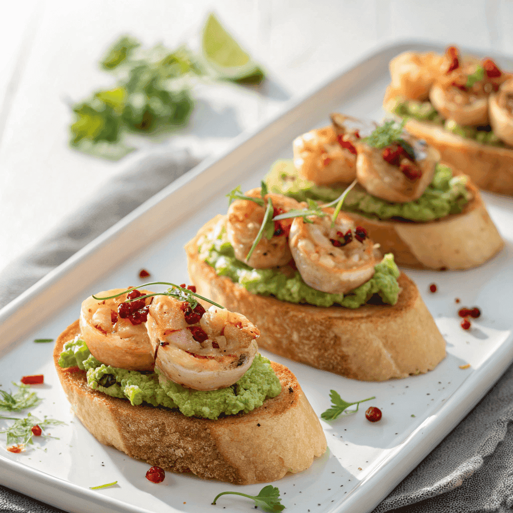 Easy Garlic Shrimp Crostini with Avocado - A Healthy Treat ! 3 Garlic shrimp crostini with avocado served on a white plate in bright natural lighting with minimal background.