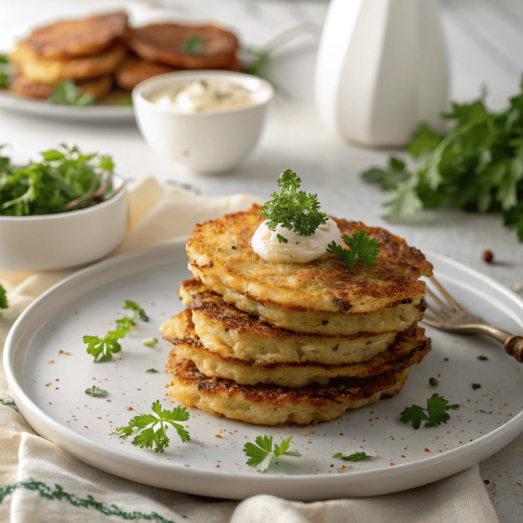 Crispy German Potato Pancakes (Kartoffelpuffer) 1 Golden crispy German potato pancakes served on a clean white plate with simple garnishes.