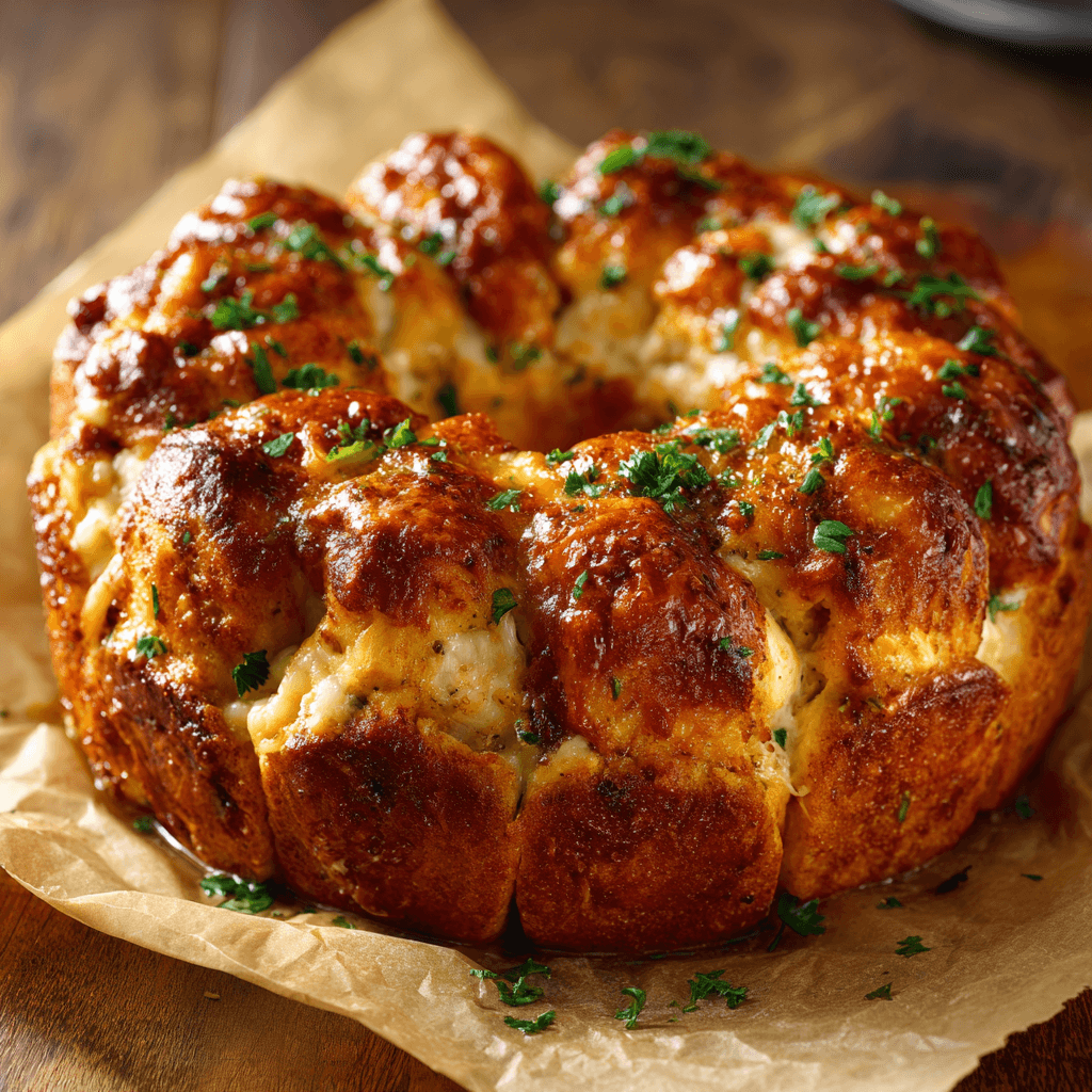 golden chicken Alfredo monkey bread with a glossy crust and herb garnish.