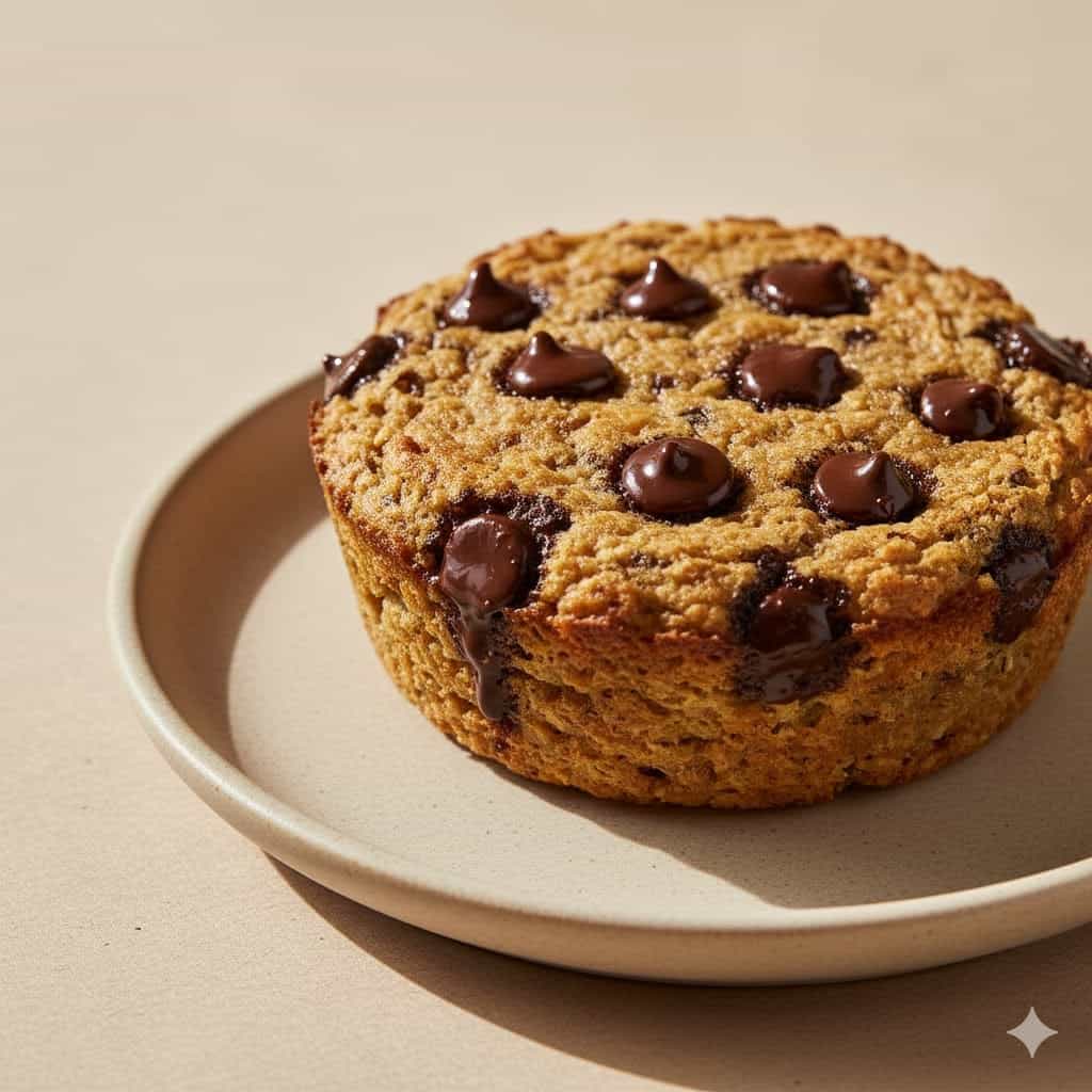 Close-up of golden air fryer baked oats with melted chocolate chips on a simple beige background.