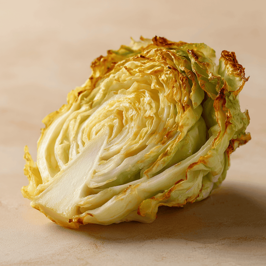 Air Fryer Cabbage Wedges with Crispy Edges 3 Close-up of golden air fryer cabbage wedge on a beige minimalist background.