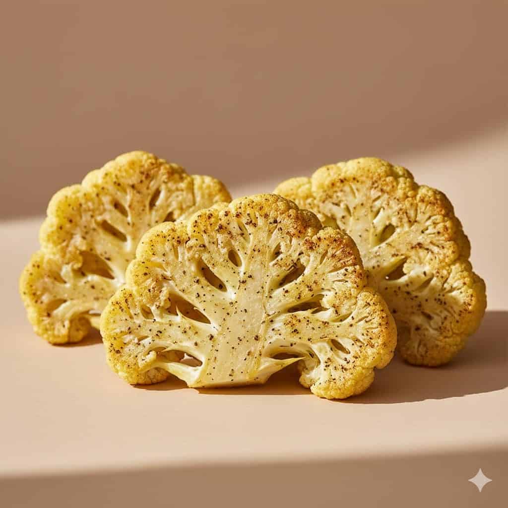 Perfect Air Fryer Cauliflower Steaks: Crispy, Tender & Flavorful 3 Close-up of golden air fryer cauliflower steak on a beige minimalist background.