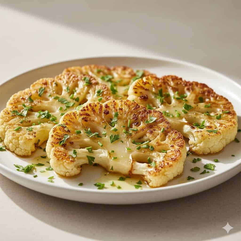 Perfect Air Fryer Cauliflower Steaks: Crispy, Tender & Flavorful 1 Crispy air fryer mushrooms neatly arranged on a white plate with olive oil drizzle.