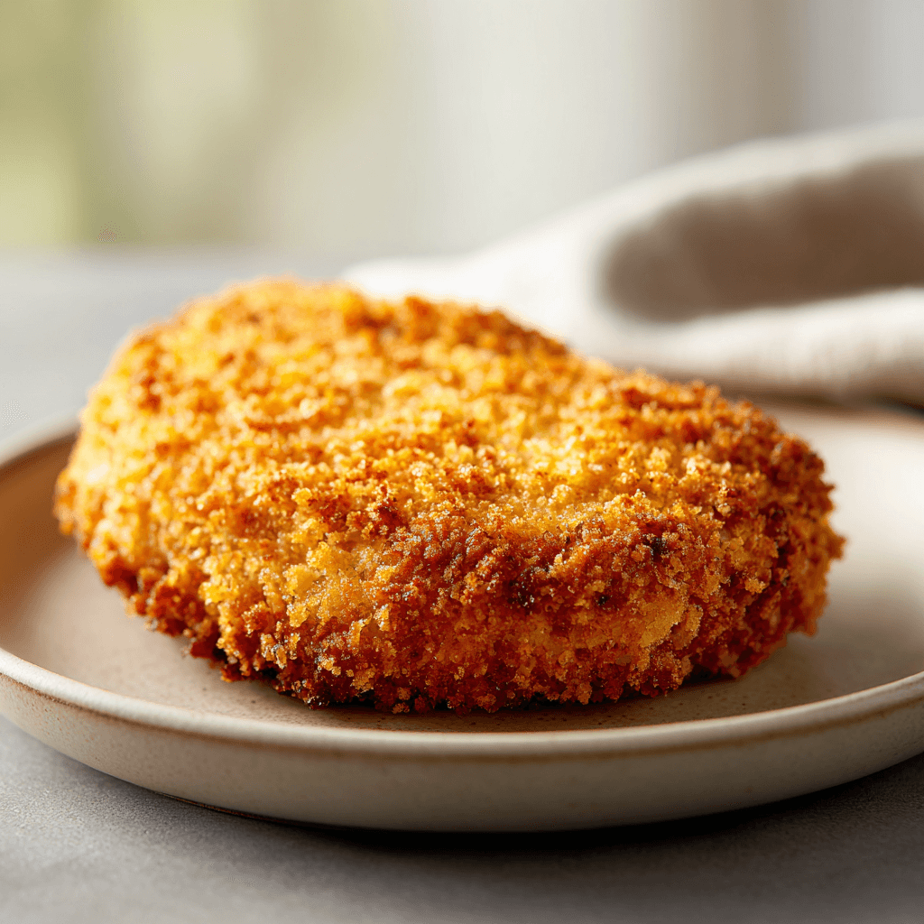 Crispy Air Fryer Chicken Cutlets - Best Chicken Cutlets Ever 3 Golden crispy air fryer chicken cutlet with soft neutral background.