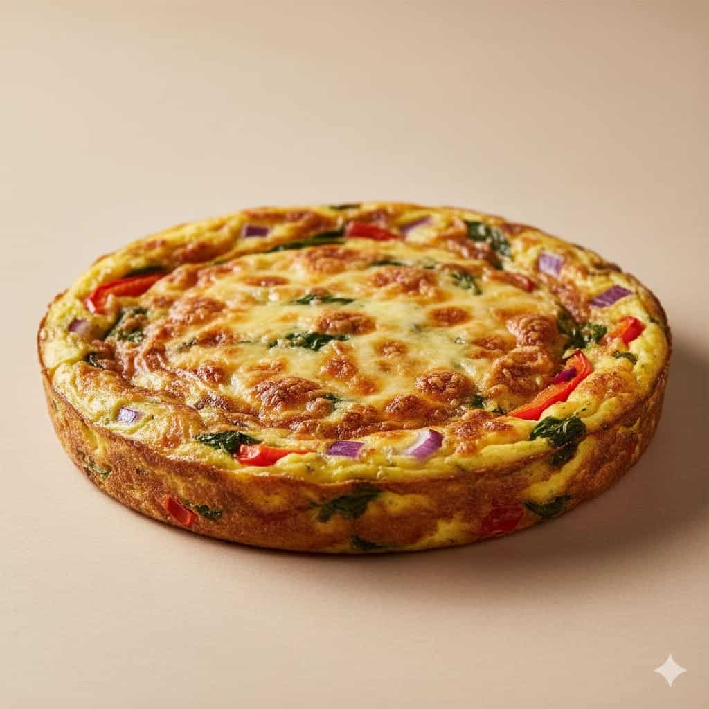 Air Fryer Frittata: Your Quick & Easy Breakfast Solution 3 Close-up of golden air fryer frittata with cheese and vegetables on a beige background.