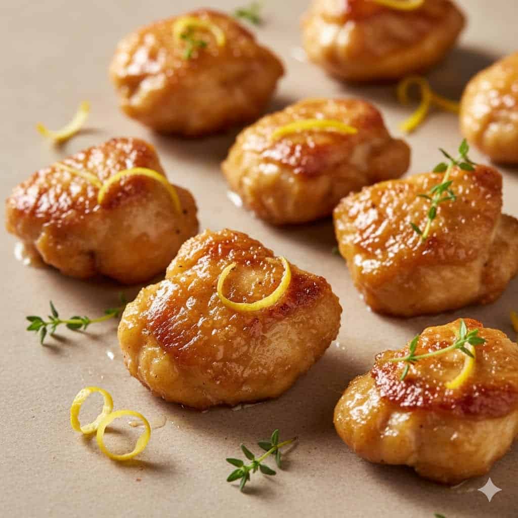 Close-up of golden crispy air fryer lemon chicken bites on a beige minimalist background.