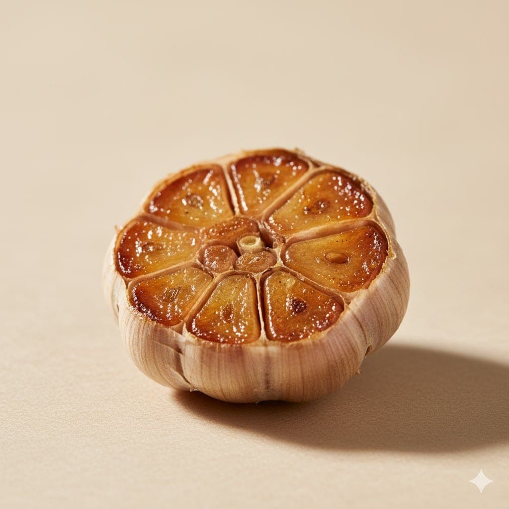 Easy Air Fryer Roasted Garlic - Must Try Healthy Treat ! 3 Close-up of golden air fryer roasted garlic on a beige minimalist background.