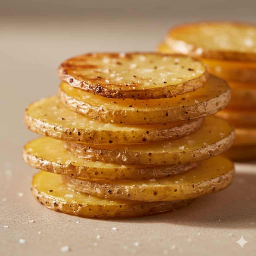 Crispy Air Fryer Sliced Potatoes: Your New Favorite Side Dish 3 Close-up of golden crispy air fryer potato slices on a beige minimalist background.