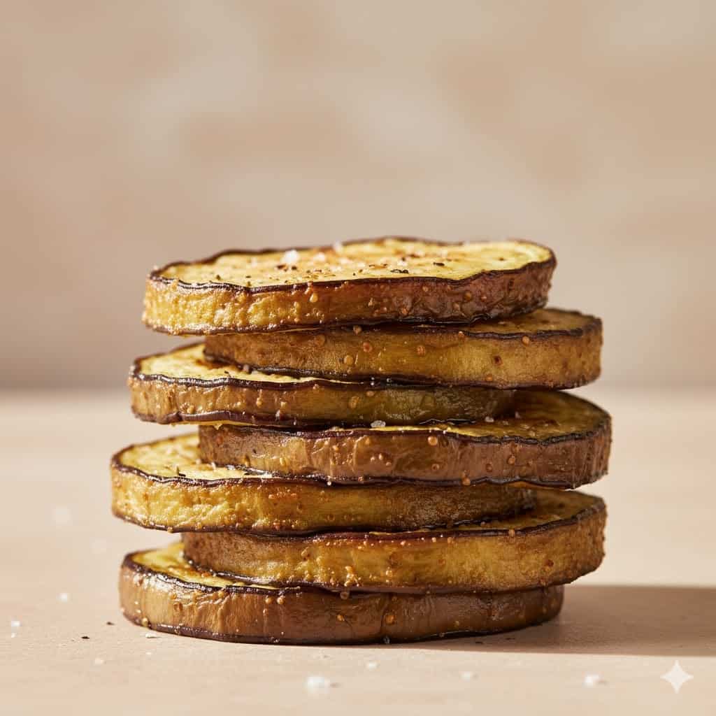Realistic close-up of golden air fryer eggplant slices on a simple beige background.