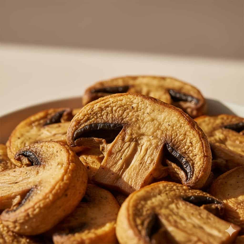 Easy Crispy Air Fryer Mushrooms Recipe 3 Close-up of golden crispy air fryer mushrooms on a beige background.