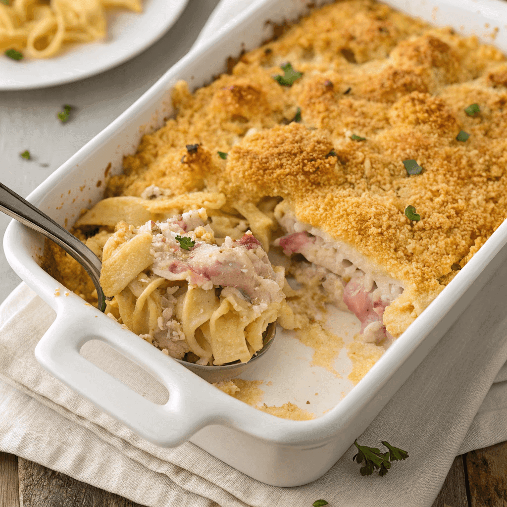 Close-up of Chicken Cordon Bleu casserole with golden breadcrumb topping and creamy chicken filling.
