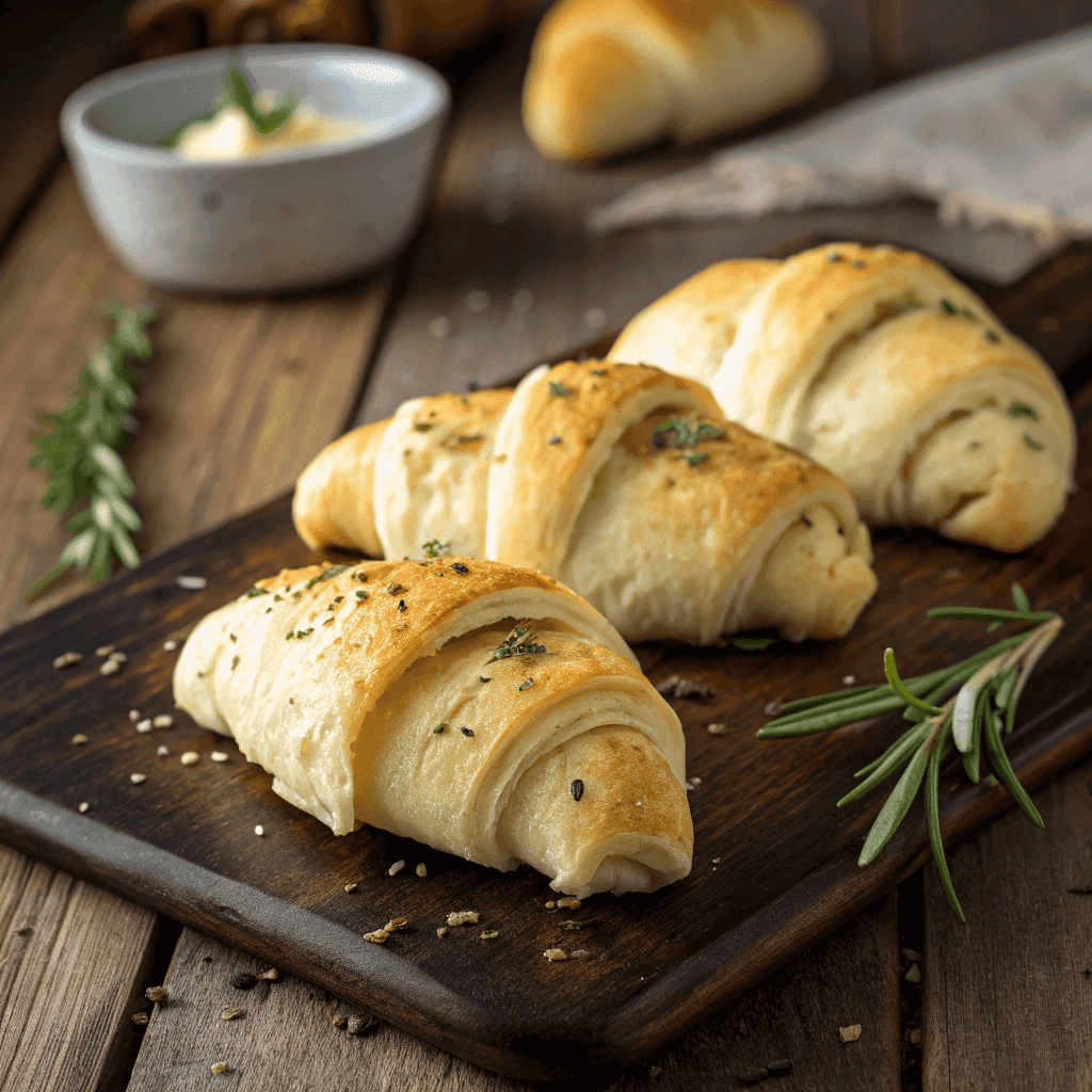 Easy Garlic Parmesan Italian Crescent Rolls 2 Golden Italian crescent rolls sprinkled with herbs on a rustic dark wooden surface in warm natural lighting.