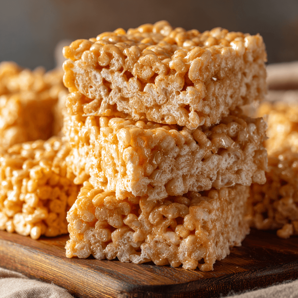 Close-up of peanut butter Rice Krispies treats cut into squares, showing gooey marshmallow texture and golden color on a wooden board.