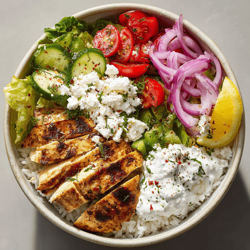 Greek Chicken Bowls: Fresh, Healthy & Easy to Make 4 Close-up Greek chicken bowl with grilled chicken, rice, tzatziki, cucumber, tomatoes, feta, and lemon wedges.