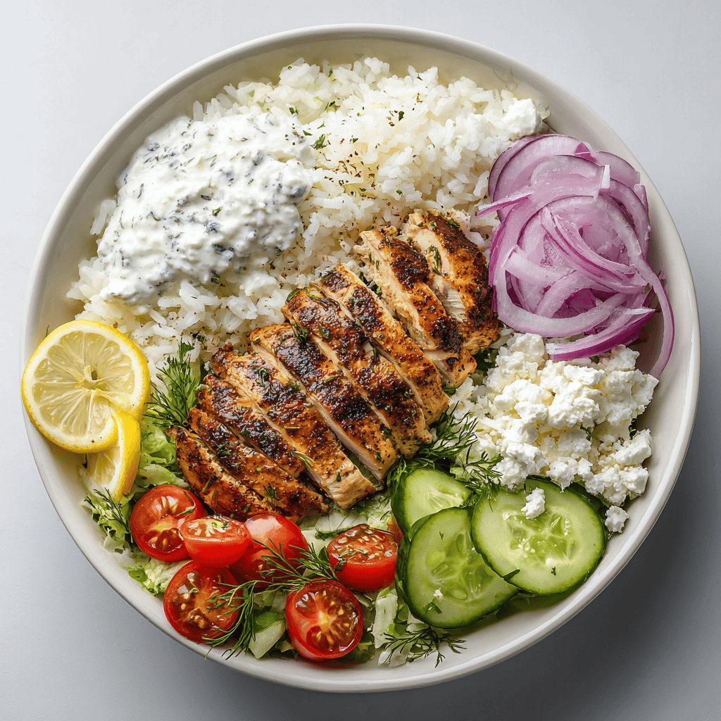 Greek Chicken Bowls: Fresh, Healthy & Easy to Make 2 Neatly plated Greek chicken bowl on a white plate with grilled chicken, rice, veggies, and tzatziki.