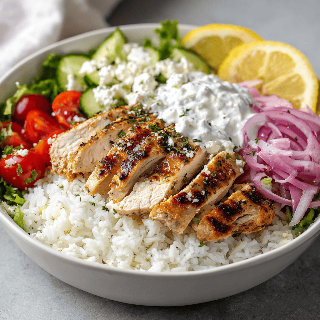Greek Chicken Bowls: Fresh, Healthy & Easy to Make 3 Close-up of perfectly grilled Greek chicken with fresh chopped vegetables and tzatziki for assembling bowls.
