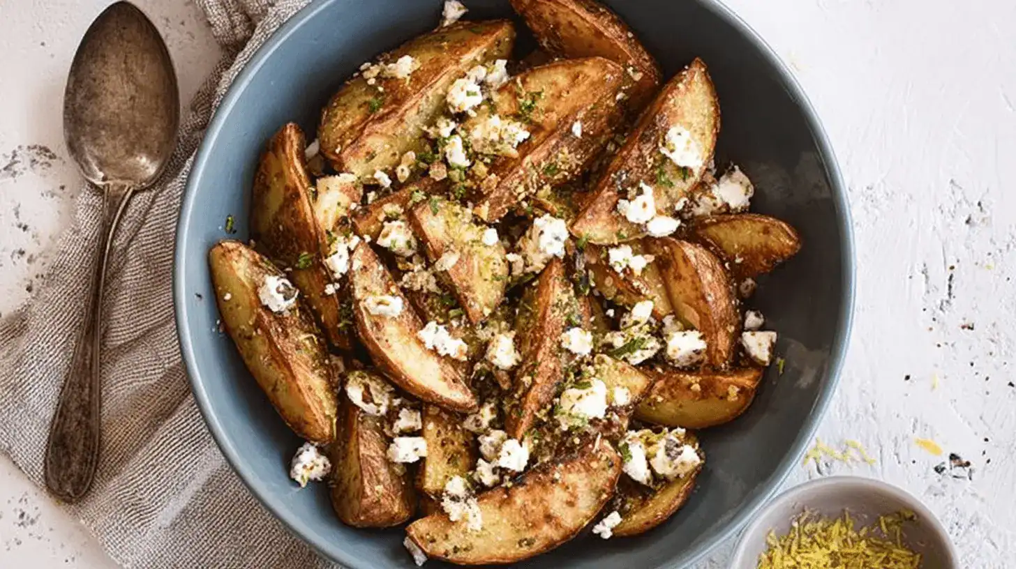 Vibrant overhead view of golden-brown Greek Feta Roast Potatoes, garnished with fresh herbs and lemon zest in a ceramic bowl.