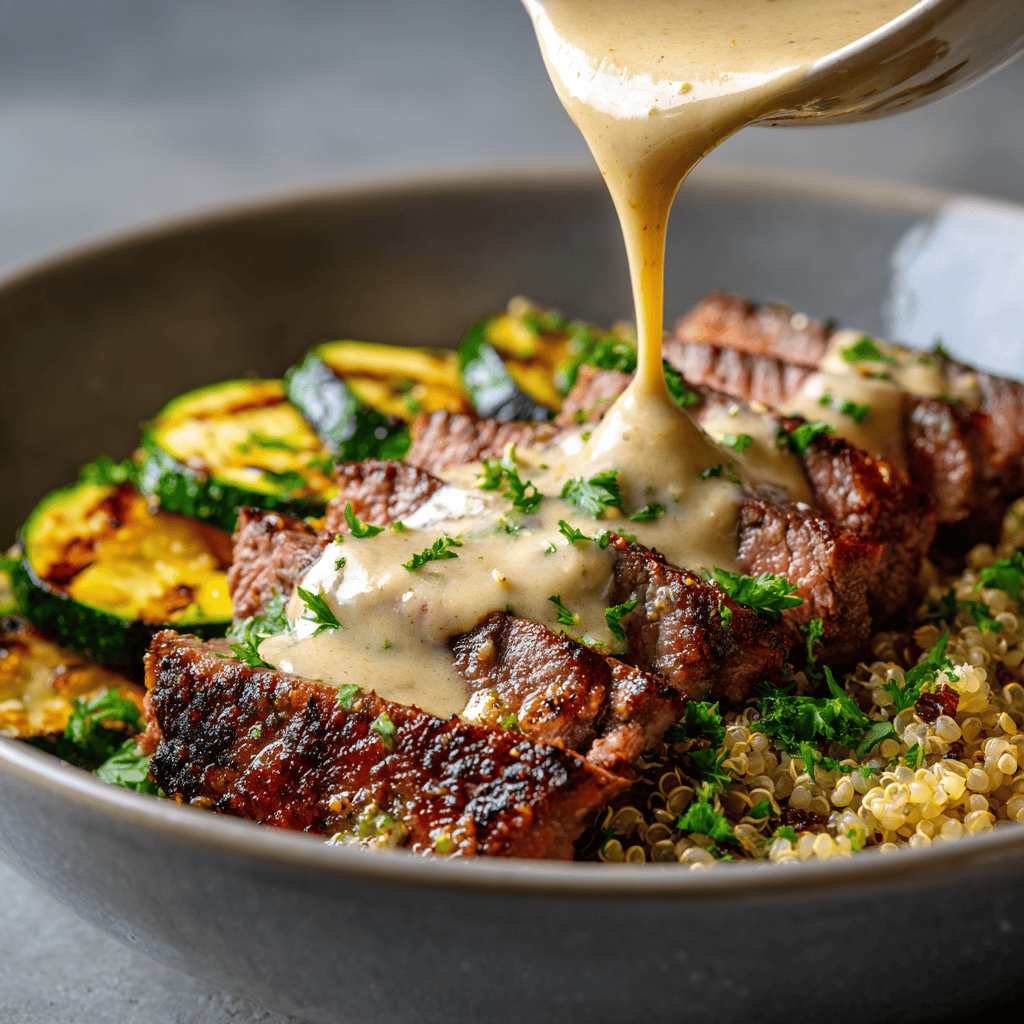 Close-up grilled steak slices over quinoa with creamy sauce and grilled zucchini in a grey bowl.