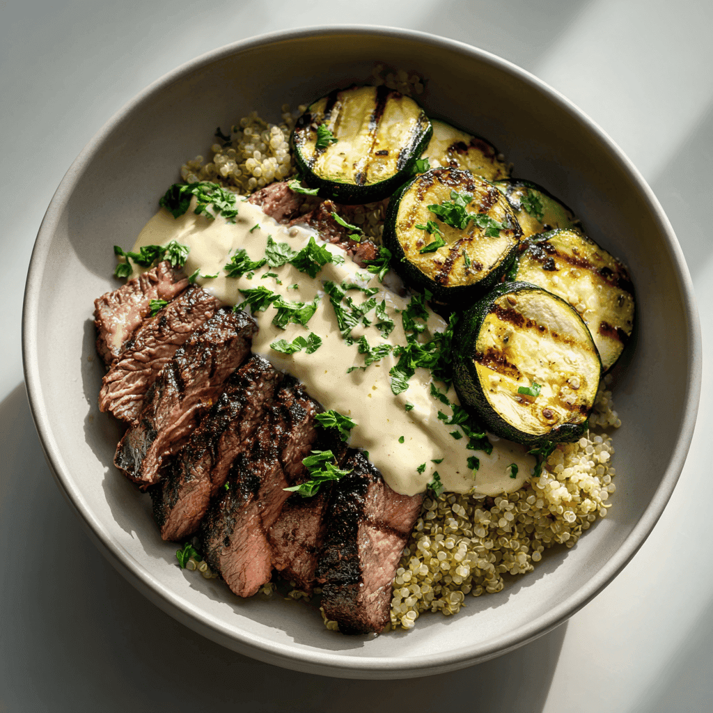 Grilled steak slices, quinoa, creamy sauce, and grilled zucchini neatly served on a white plate.
