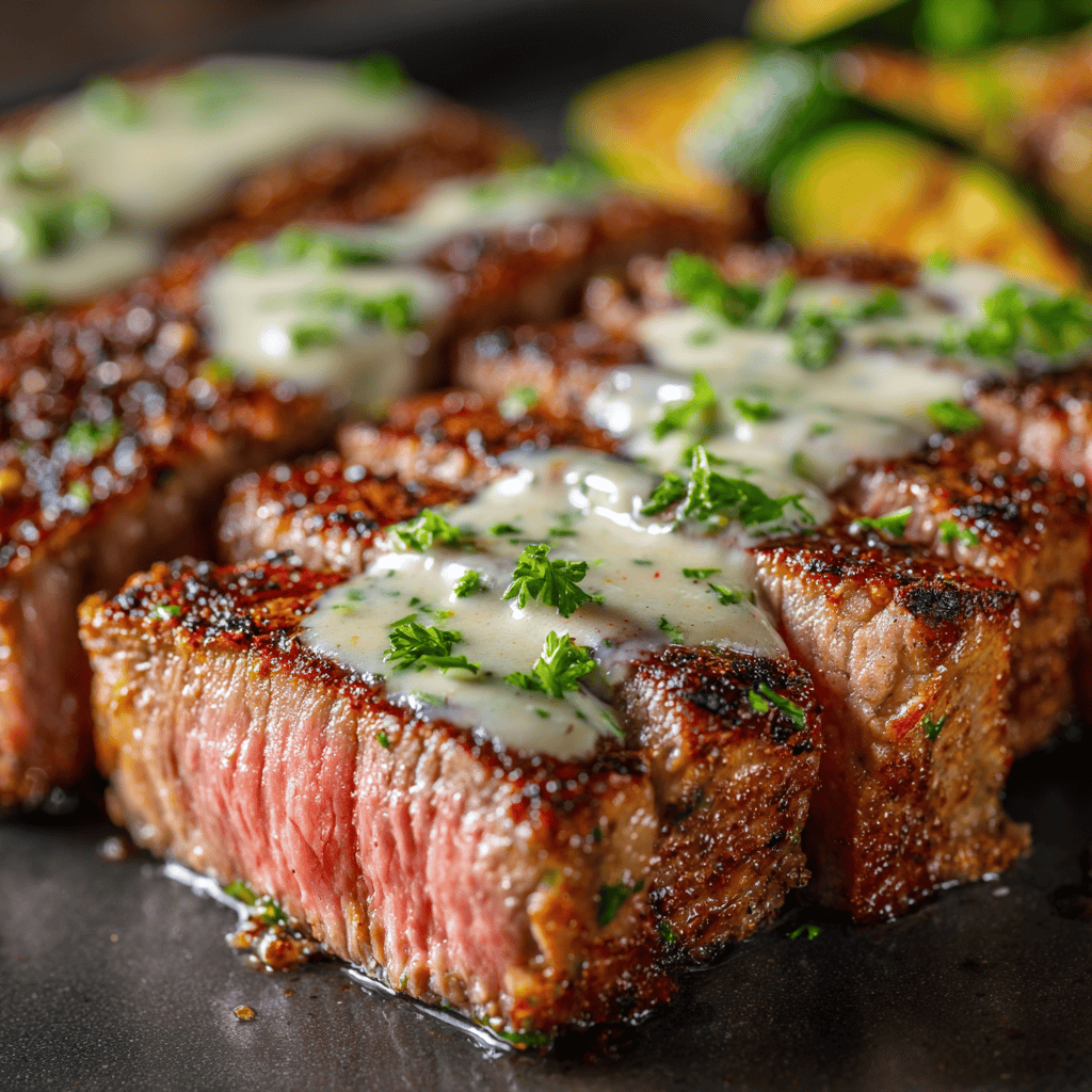 Macro close-up of medium-rare grilled steak with creamy sauce and parsley.