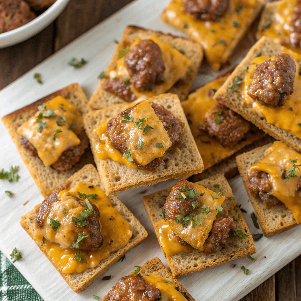 Close-up of toasted rye squares topped with cheesy sausage mixture for Hanky Panky appetizers.