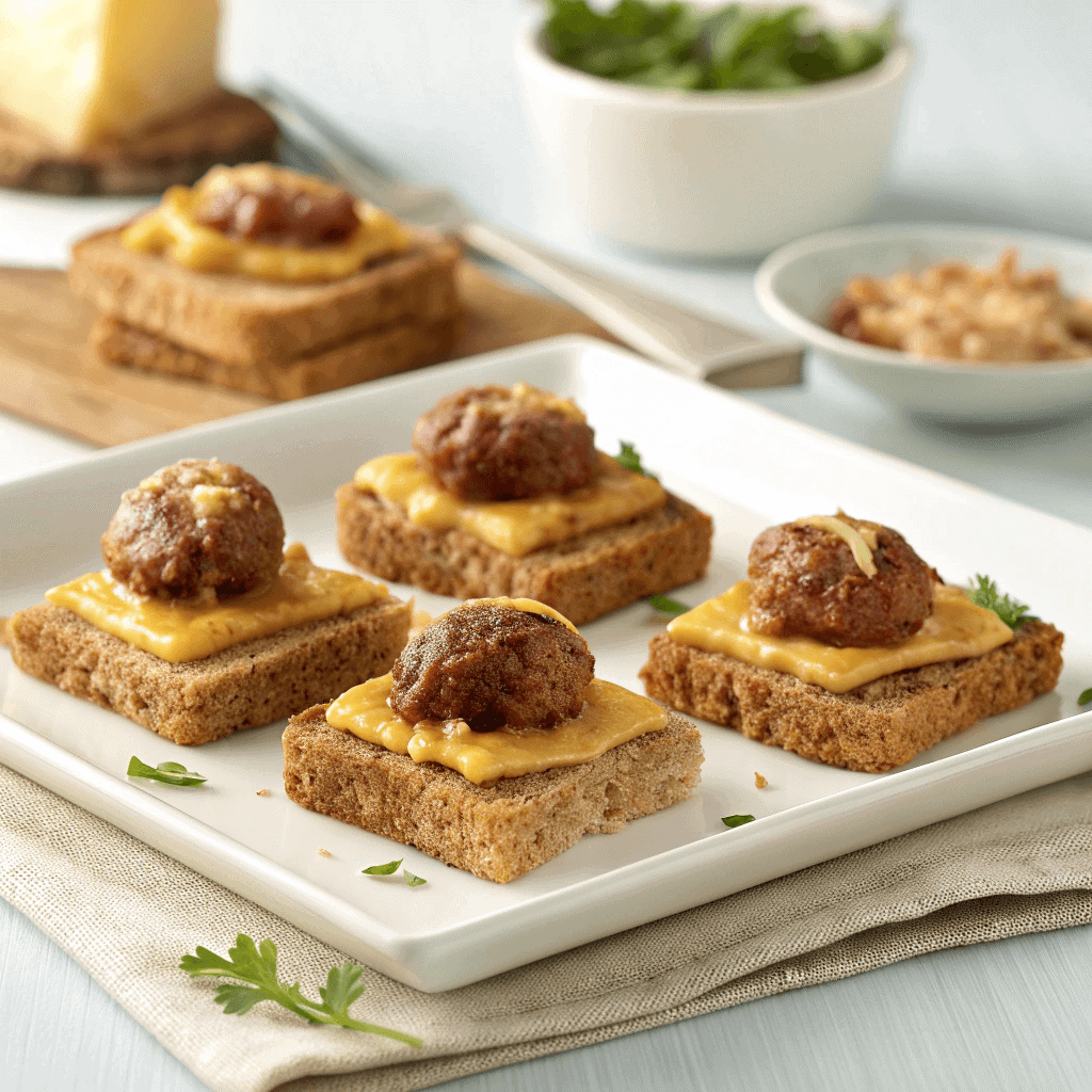 Hanky Panky rye toasts arranged on a white plate with cheesy sausage topping.