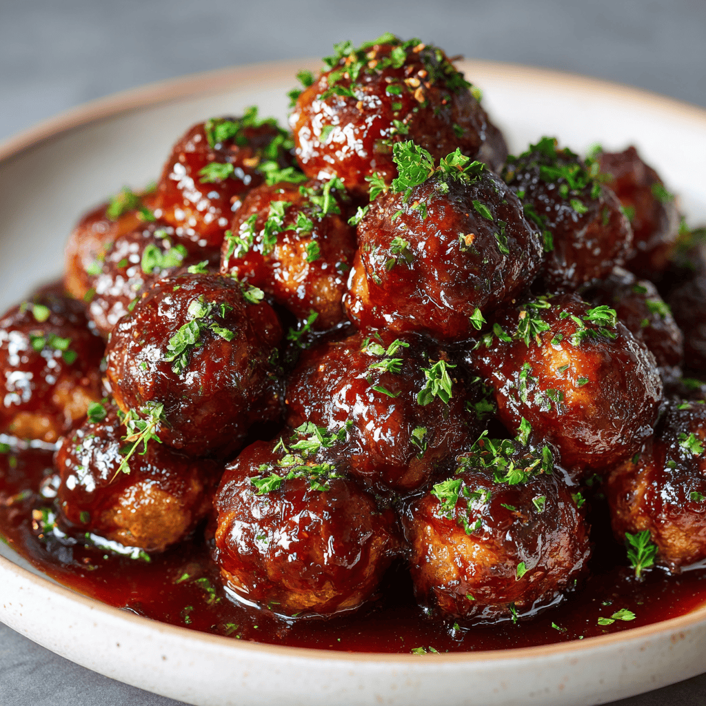 Plate of glossy Harvest Turkey Meatballs coated in dark glaze and topped with fresh herbs.