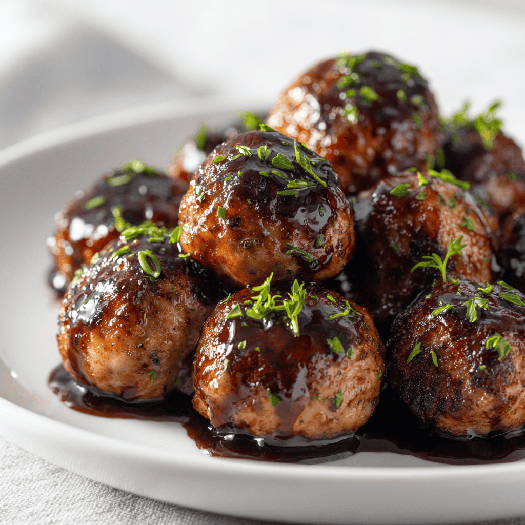 Glossy glazed Harvest Turkey Meatballs on a white plate with herbs and clear detail.