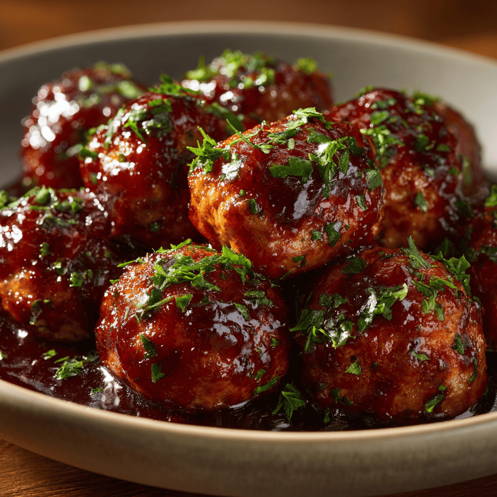 Harvest Turkey Meatballs with shiny dark glaze and herbs, photographed in sharp detail.