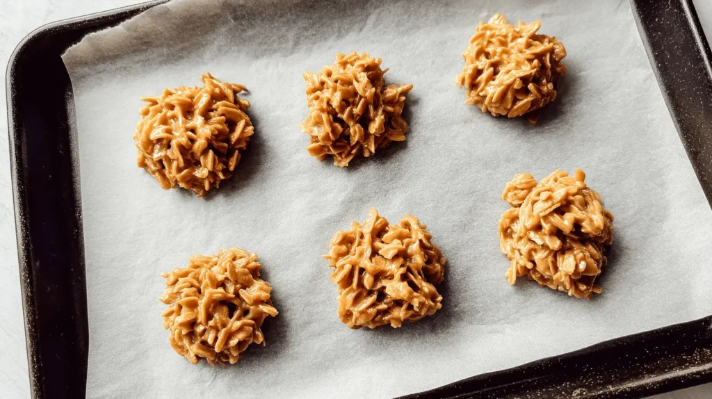 Six delicious, irregularly shaped Haystack Cookies made with flaked cereal and a glossy caramel-brown coating, cooling on crinkled parchment paper.