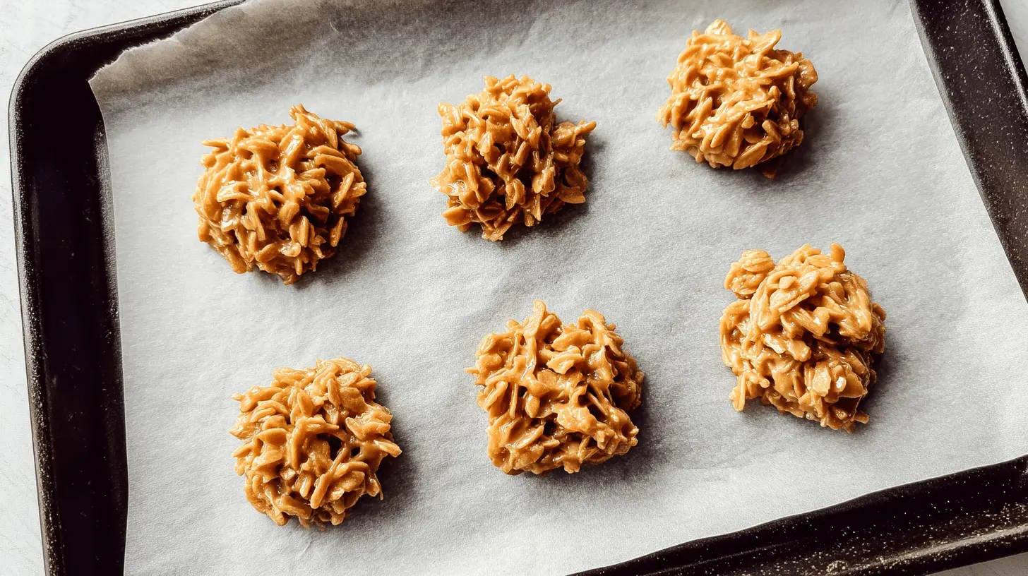 Six delicious, irregularly shaped Haystack Cookies made with flaked cereal and a glossy caramel-brown coating, cooling on crinkled parchment paper.