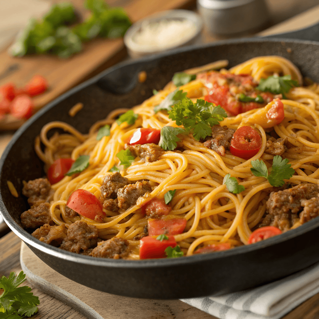 Close-up view of taco spaghetti with ground beef, tomatoes, and creamy taco-seasoned sauce in a skillet.