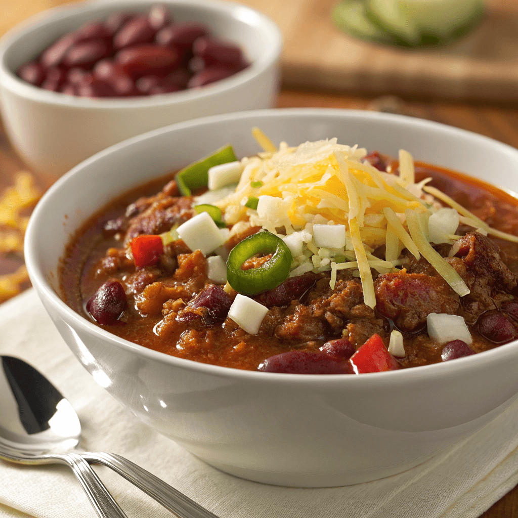 Copycat Wendy's Chili Recipe: Tastes Just Like the Original 3 Close-up of Wendy’s-style chili topped with shredded cheddar cheese and diced onions in a white bowl.