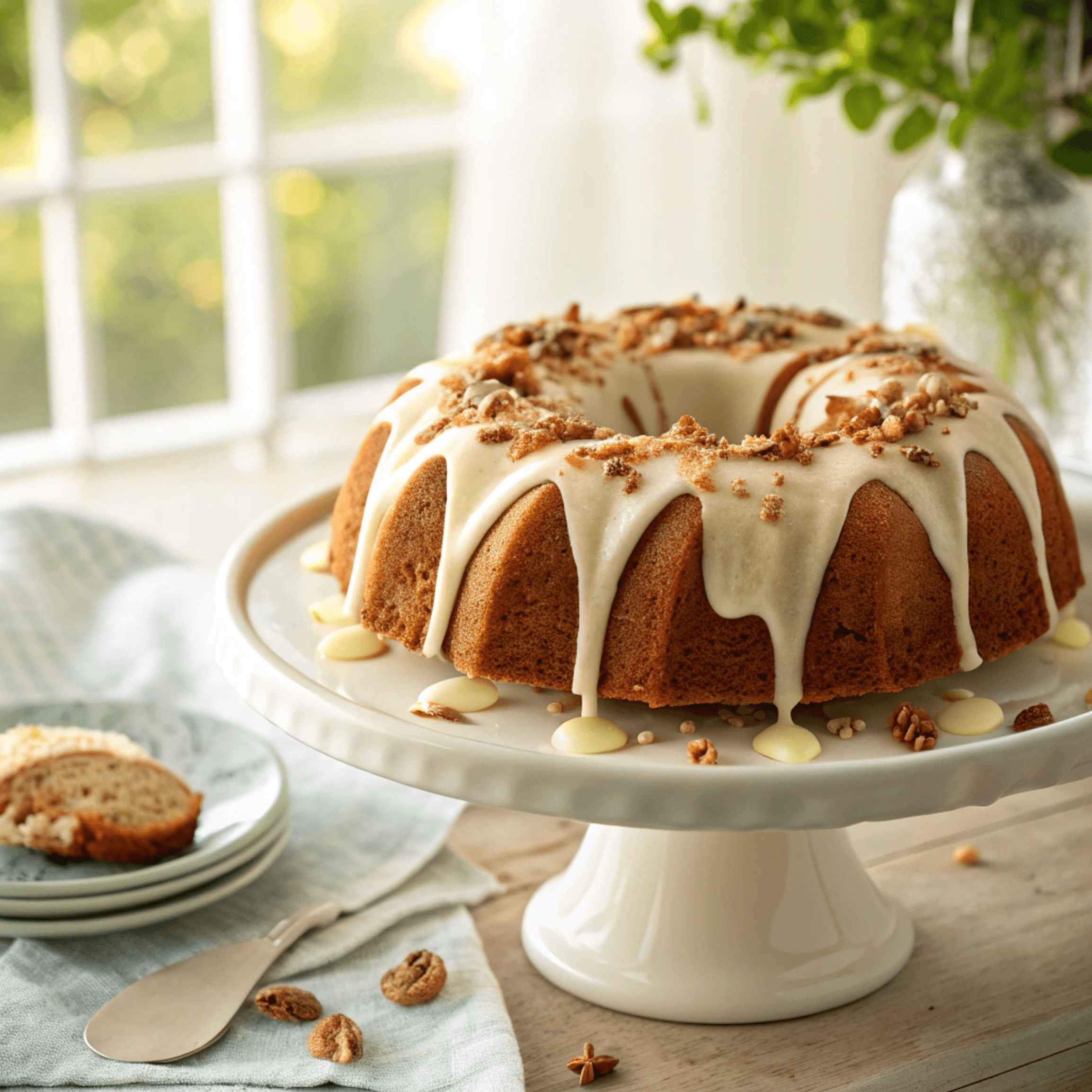 The Best Hummingbird Bundt Cake Recipe 4 Close-up hero image of a hummingbird bundt cake covered with cream cheese glaze and chopped pecans.