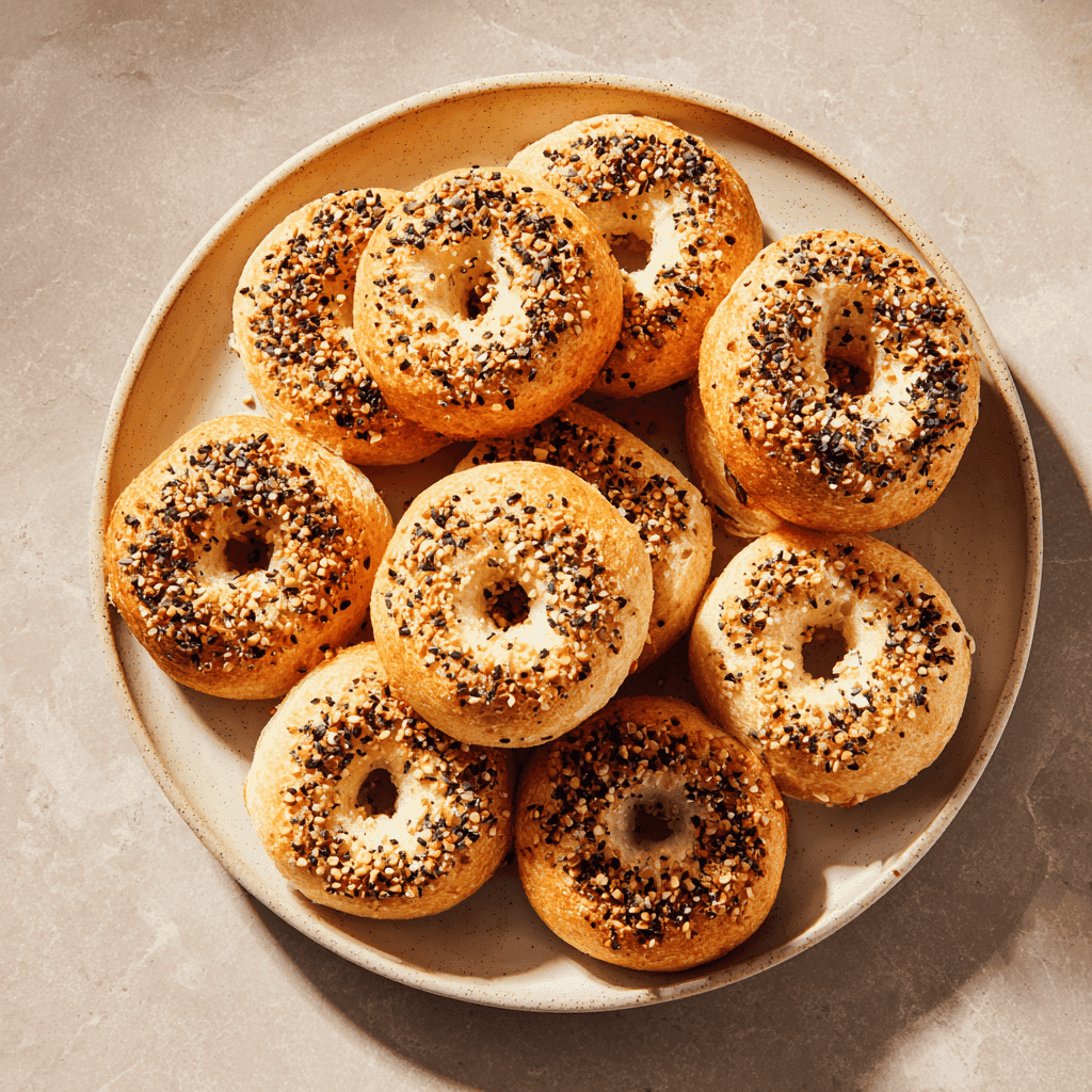 Overhead view of golden high-protein bagel bites topped with everything bagel seasoning on a ceramic plate.