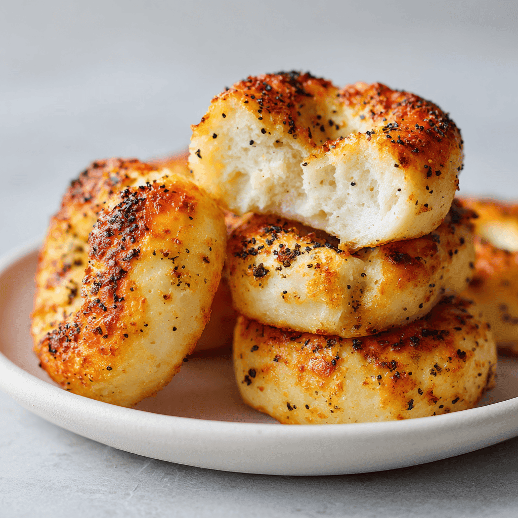 Plated high-protein bagel bites on a white plate showing golden crust and everything seasoning.