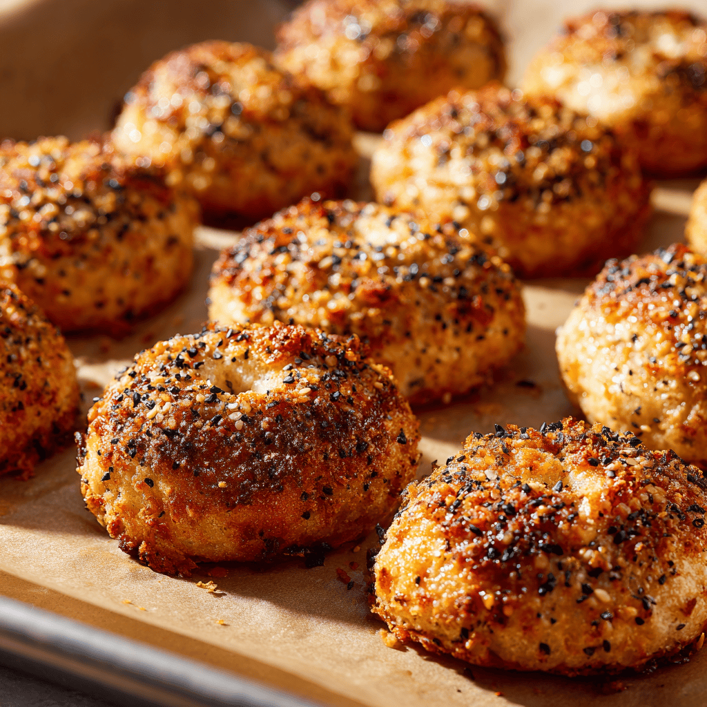 Close-up of perfectly baked high-protein bagel bites on parchment with crisp everything seasoning.