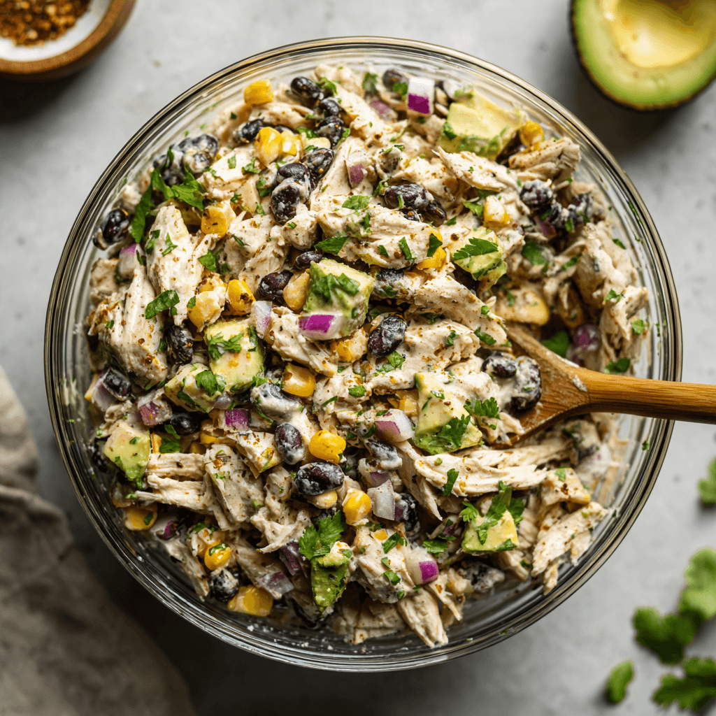 Close-up of Southwest chicken salad with avocado, black beans, corn, and creamy dressing in a glass bowl.