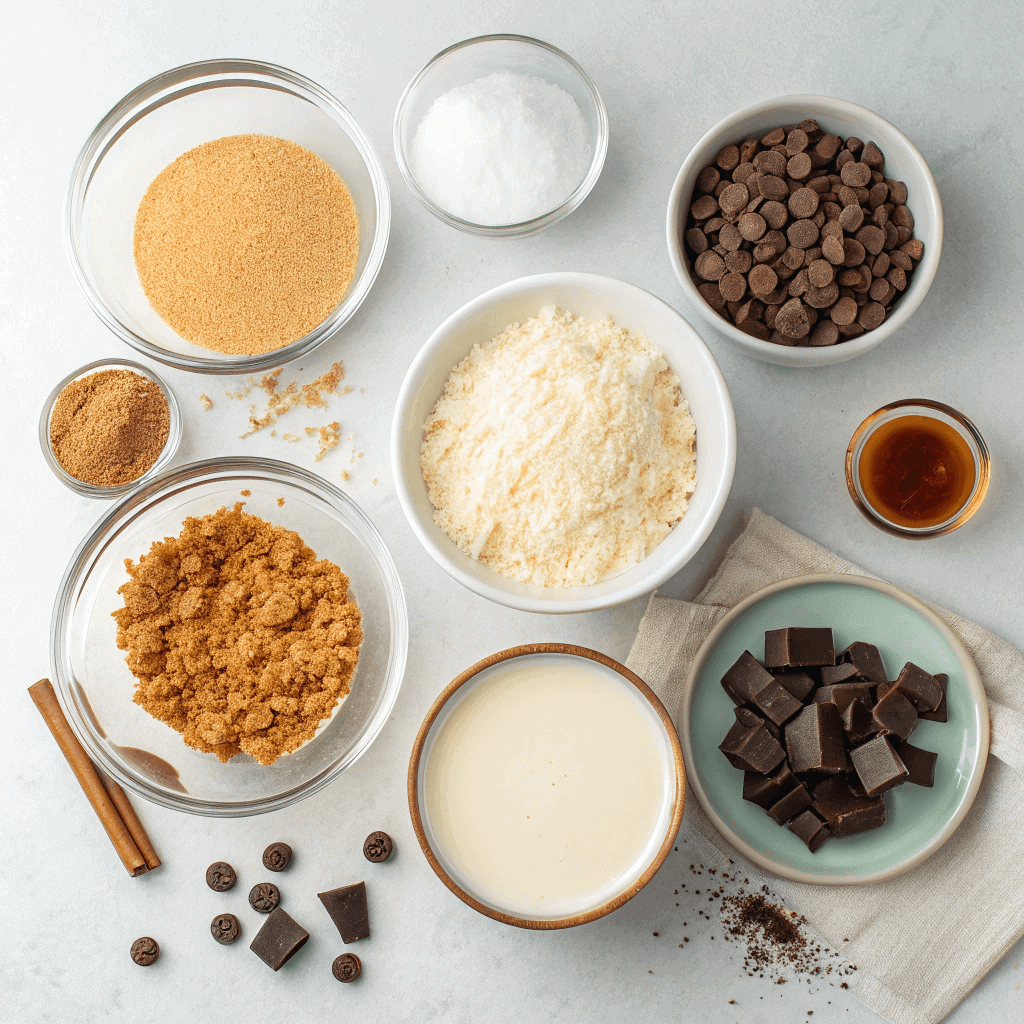 Ingredients for no-bake moose farts including condensed milk, graham crumbs, coconut, chocolate chips, and vanilla.