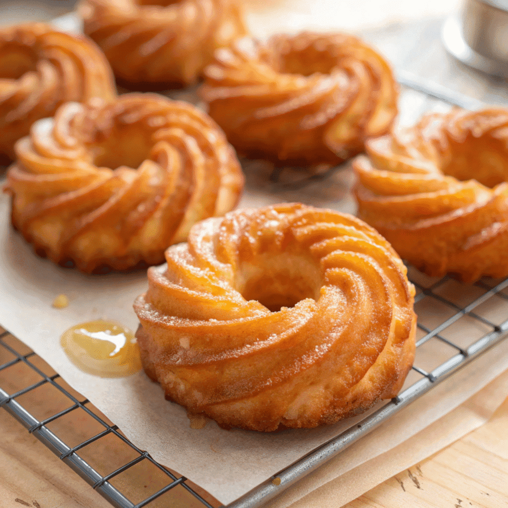 Unglazed French crullers on a cooling rack showing golden ridges and crisp texture for baking guidance.