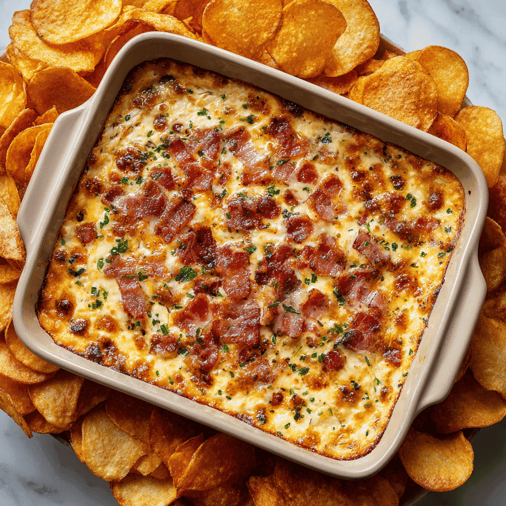 Overhead close-up of Hissy Fit Dip with melted cheese, bacon, and herbs in a square dish surrounded by chips.