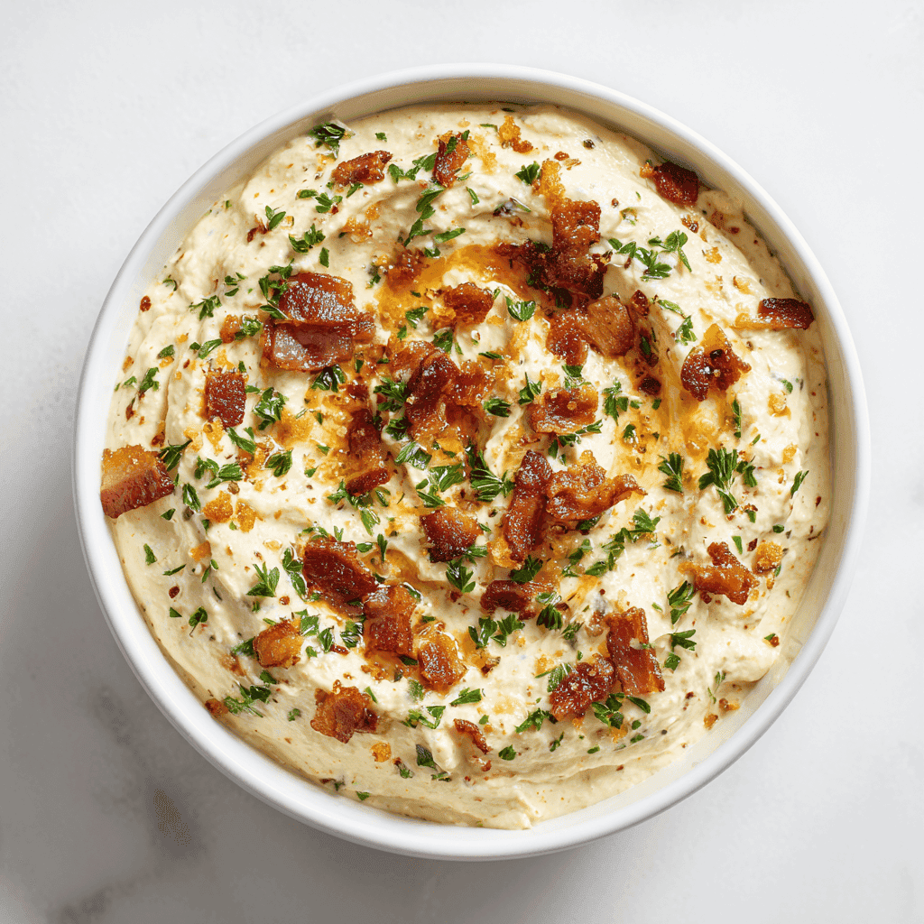 Hissy Fit Dip in a white bowl showing creamy melted cheese, bacon, and herbs.