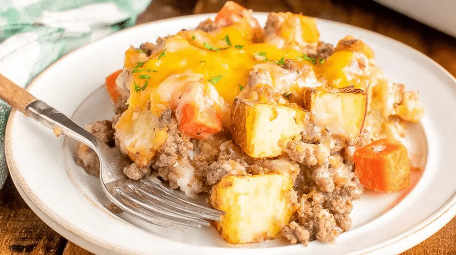 A mouth-watering close-up of a hearty, cheesy Hobo Casserole with potatoes, ground meat, and carrots, served on a white plate.