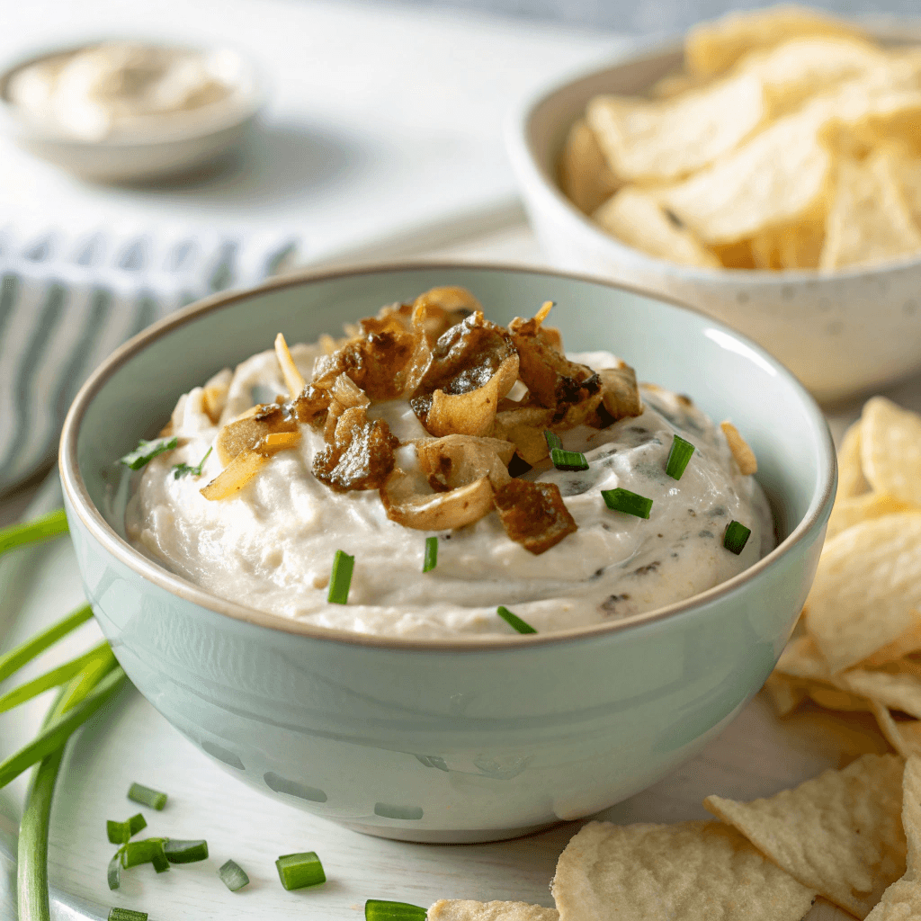 The Easiest Homemade Chip Dip Recipe 4 Close-up of creamy homemade chip dip with caramelized onions and chives in a gray bowl.
