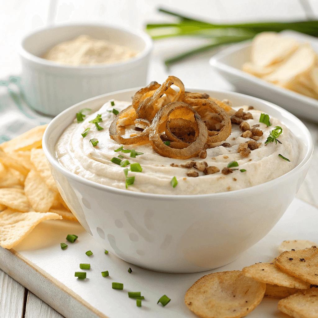 The Easiest Homemade Chip Dip Recipe 2 Creamy homemade chip dip with onions and chives served in a white bowl.