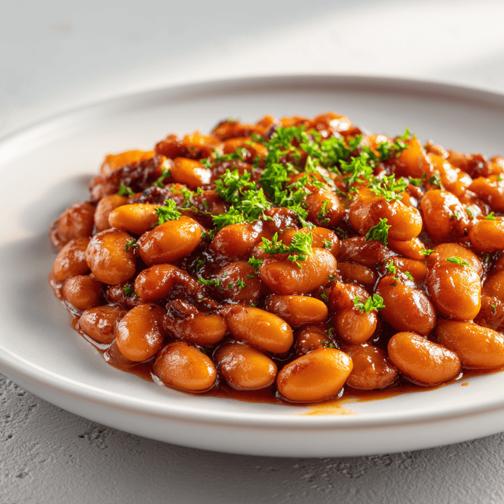 White plate with homemade baked beans in rich brown sauce, garnished with parsley and softly lit.